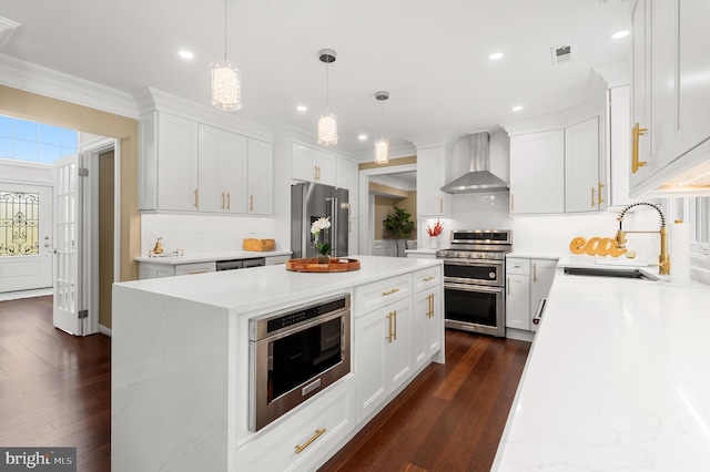 2006 Par Dr, Doylestown, PA 18901 - kitchen featuring wall chimney exhaust hood, appliances with stainless steel finishes, a sink, backsplash, and ornamental molding