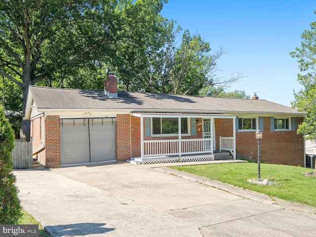 4503 Poppe Pl, Temple Hills, MD 20748 - ranch-style home featuring a garage, a chimney, concrete driveway, a porch, and brick siding