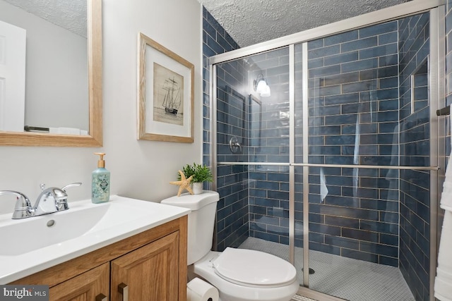 8588 King Carter St, Manassas, VA 20110 - bathroom with a textured ceiling, toilet, a shower stall, and vanity