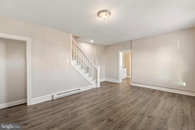 100 Chester Pike, Darby, PA 19023 - unfurnished living room with baseboard heating, wood finished floors, stairway, and baseboards