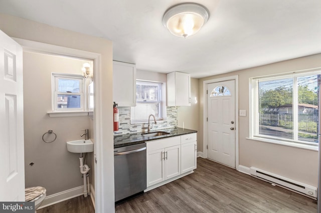 100 Chester Pike, Darby, PA 19023 - kitchen with stainless steel dishwasher, a baseboard heating unit, a sink, baseboards, and white cabinetry