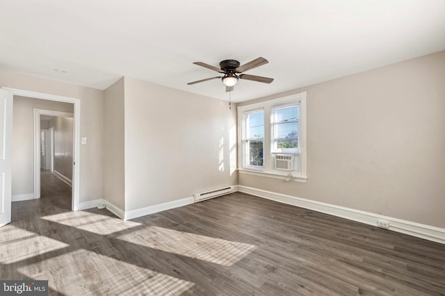 100 Chester Pike, Darby, PA 19023 - empty room featuring a baseboard radiator, baseboards, wood finished floors, and a ceiling fan