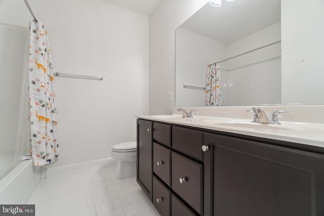 5163 Ridgeview Retreat Dr, Chantilly, VA 20151 - bathroom with tile patterned floors, double vanity, toilet, shower / tub combo with curtain, and baseboards