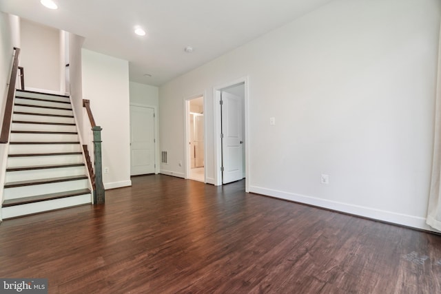 5163 Ridgeview Retreat Dr, Chantilly, VA 20151 - unfurnished living room featuring dark wood finished floors, stairs, baseboards, and recessed lighting
