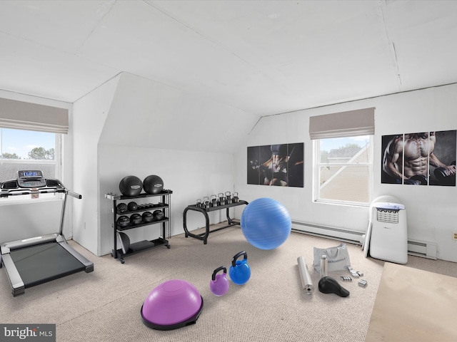 11 Duory Cir, Milton, DE 19968 - exercise room with a baseboard radiator, a baseboard heating unit, lofted ceiling, and carpet flooring