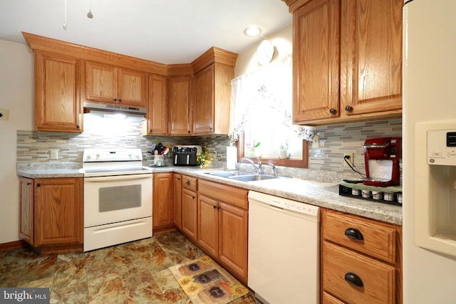 503 N Rachels Way, Aaronsburg, PA 16820 - kitchen with white appliances, a sink, under cabinet range hood, light countertops, and stone finish flooring