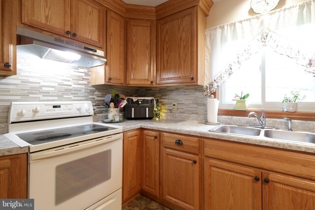 503 N Rachels Way, Aaronsburg, PA 16820 - kitchen featuring electric range, under cabinet range hood, a sink, light countertops, and tasteful backsplash