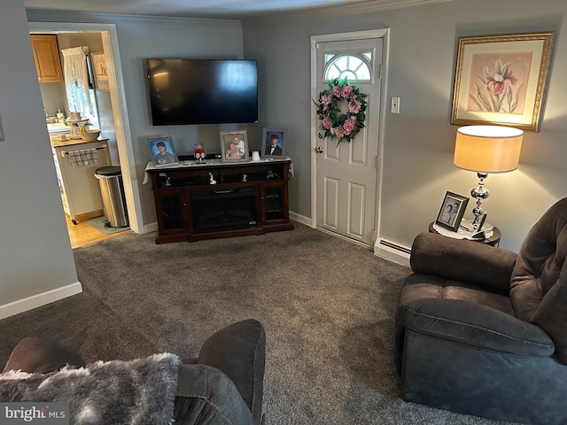 117 W Waverly St S, Browns Mills, NJ 8015 - living area with crown molding, a baseboard heating unit, carpet flooring, and baseboards