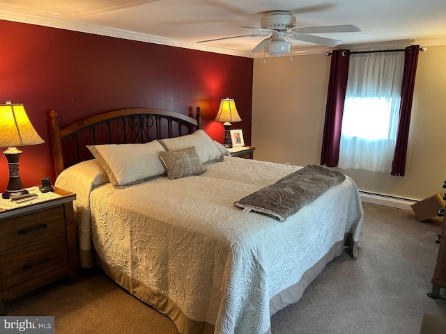 117 W Waverly St S, Browns Mills, NJ 8015 - carpeted bedroom featuring a baseboard heating unit, crown molding, and a ceiling fan