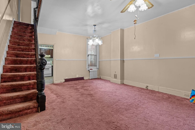 2531 N Lawrence St, Philadelphia, PA 19133 - unfurnished room featuring stairs, carpet floors, a chandelier, a ceiling fan, and baseboards