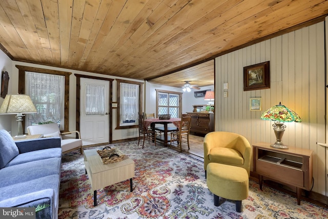 302 6th St, Mount Gretna, PA 17064 - living area featuring wooden ceiling, ceiling fan, and plenty of natural light