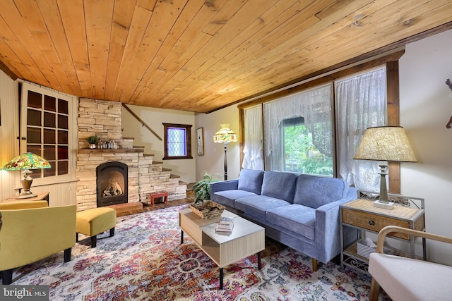 302 6th St, Mount Gretna, PA 17064 - living area featuring wooden ceiling, a fireplace, and wood finished floors