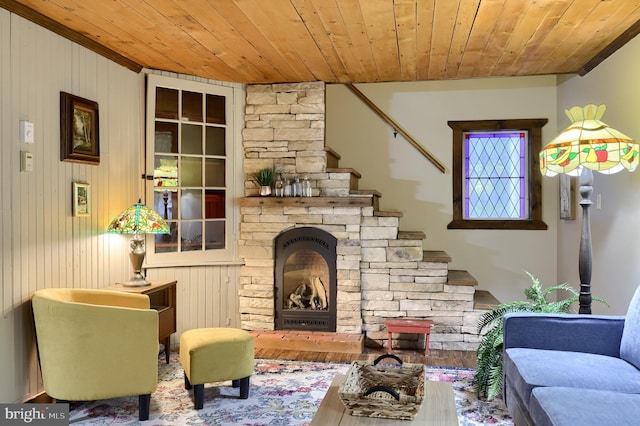 302 6th St, Mount Gretna, PA 17064 - living area featuring wooden ceiling, wood finished floors, stairway, and wood walls