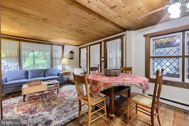302 6th St, Mount Gretna, PA 17064 - dining area featuring wood ceiling, wood-type flooring, and ceiling fan