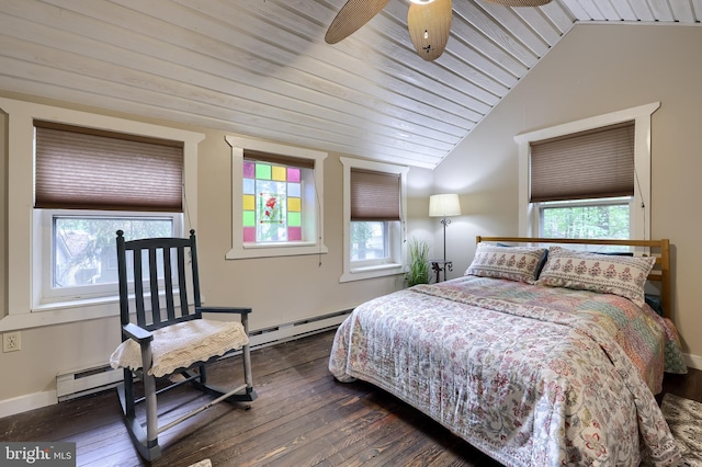 302 6th St, Mount Gretna, PA 17064 - bedroom with multiple windows, a baseboard radiator, vaulted ceiling, dark wood finished floors, and baseboards
