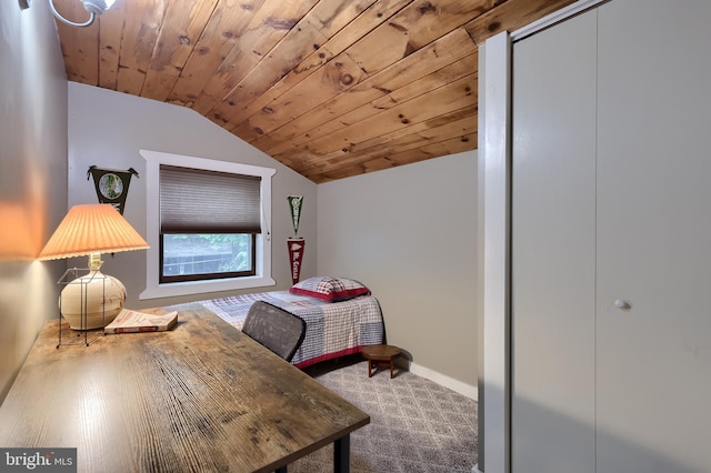 302 6th St, Mount Gretna, PA 17064 - carpeted bedroom with lofted ceiling, baseboards, and wood ceiling