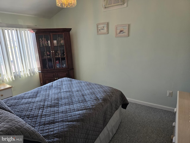 817 Lafayette Blvd, Brigantine, NJ 08203 - carpeted bedroom featuring baseboards, a wall mounted AC, a chandelier, and lofted ceiling