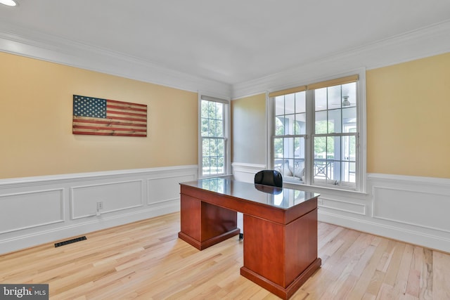 16328 Limestone Ct, Leesburg, VA 20176 - office space with crown molding, light wood-style floors, and wainscoting