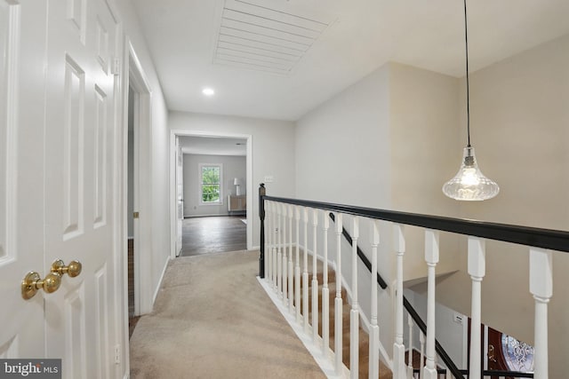 2624 Black Fir Ct, Reston, VA 20191 - hallway featuring an upstairs landing, recessed lighting, light carpet, and baseboards
