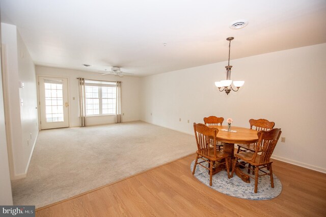 1103 S Schumaker Dr Unit C-201, Salisbury, MD 21804 - dining room featuring a chandelier, wood finished floors, ceiling fan, and carpet flooring