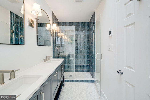 3100 Rodman St NW, Washington, DC 20008 - bathroom with double vanity, a chandelier, and a shower stall