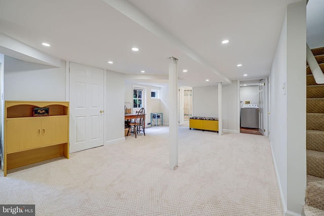 3100 Rodman St NW, Washington, DC 20008 - below grade area featuring washer / dryer, stairway, light carpet, recessed lighting, and baseboards