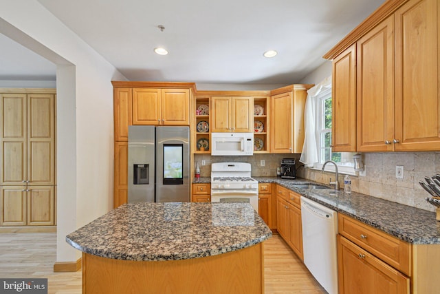 13146 Diamond Hill Dr, Germantown, MD 20874 - kitchen with white appliances, a sink, open shelves, light wood-type flooring, and recessed lighting