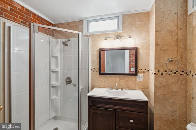 20 N Richardson Ave, Lansdale, PA 19446 - full bath featuring a stall shower, vanity, ornamental molding, and tile walls