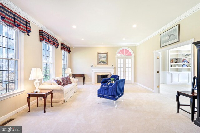 7951 Kelly Ann Ct, Fairfax Station, VA 22039 - living room featuring crown molding, light colored carpet, baseboards, plenty of natural light, and recessed lighting