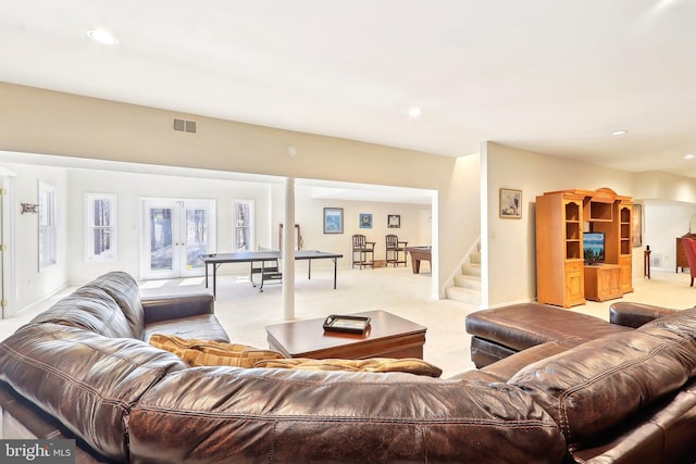 7951 Kelly Ann Ct, Fairfax Station, VA 22039 - carpeted living area featuring french doors, stairs, and recessed lighting