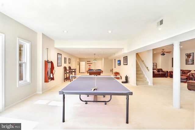 7951 Kelly Ann Ct, Fairfax Station, VA 22039 - playroom with light colored carpet, billiards, recessed lighting, and ornate columns
