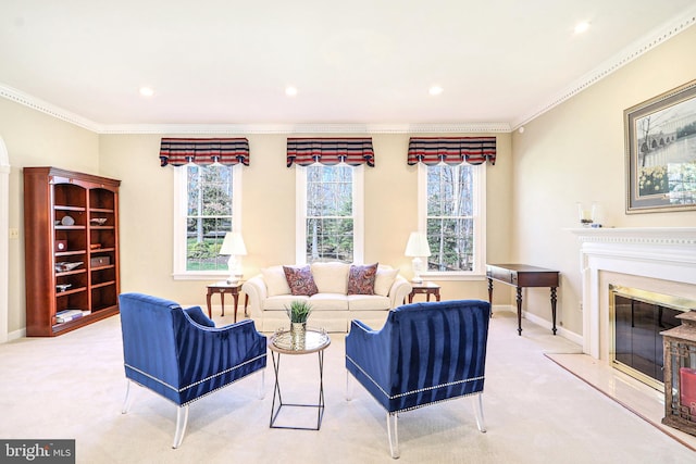 7951 Kelly Ann Ct, Fairfax Station, VA 22039 - living room with a glass covered fireplace, healthy amount of natural light, ornamental molding, carpet flooring, and recessed lighting