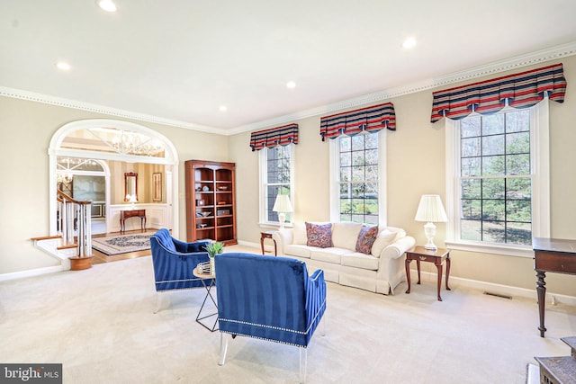 7951 Kelly Ann Ct, Fairfax Station, VA 22039 - living area with ornamental molding, recessed lighting, baseboards, carpet, and a chandelier