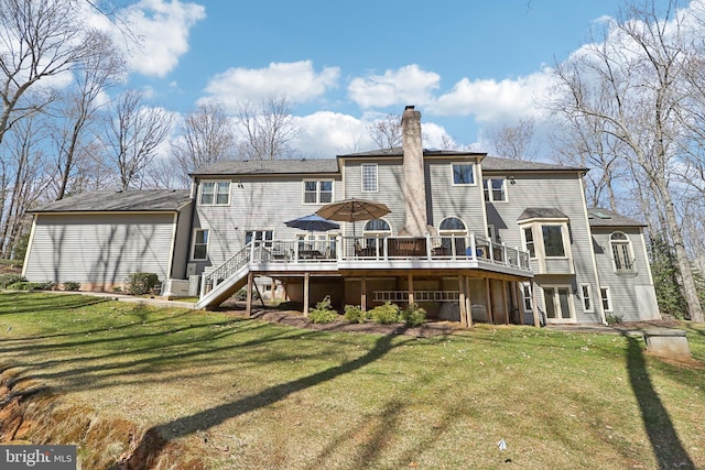 7951 Kelly Ann Ct, Fairfax Station, VA 22039 - back of property featuring a chimney, a wooden deck, a yard, and stairs