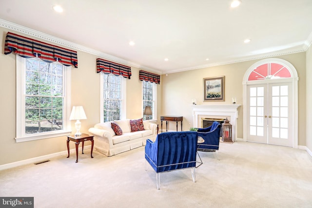 7951 Kelly Ann Ct, Fairfax Station, VA 22039 - carpeted living room featuring crown molding, baseboards, plenty of natural light, a fireplace, and recessed lighting