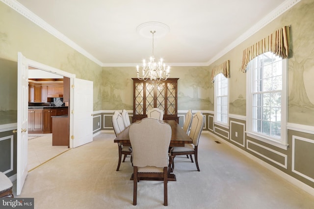 7951 Kelly Ann Ct, Fairfax Station, VA 22039 - dining area featuring a chandelier, a wainscoted wall, ornamental molding, light carpet, and a decorative wall
