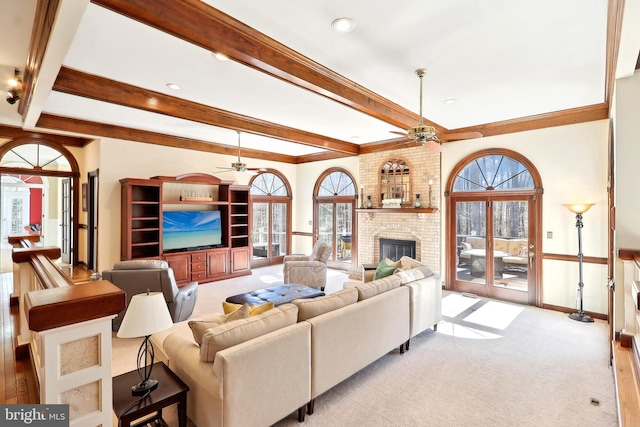7951 Kelly Ann Ct, Fairfax Station, VA 22039 - living room featuring a ceiling fan, beamed ceiling, a brick fireplace, recessed lighting, and baseboards