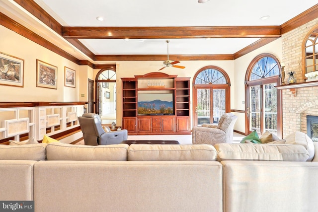 7951 Kelly Ann Ct, Fairfax Station, VA 22039 - living room with beam ceiling, a brick fireplace, crown molding, ceiling fan, and recessed lighting