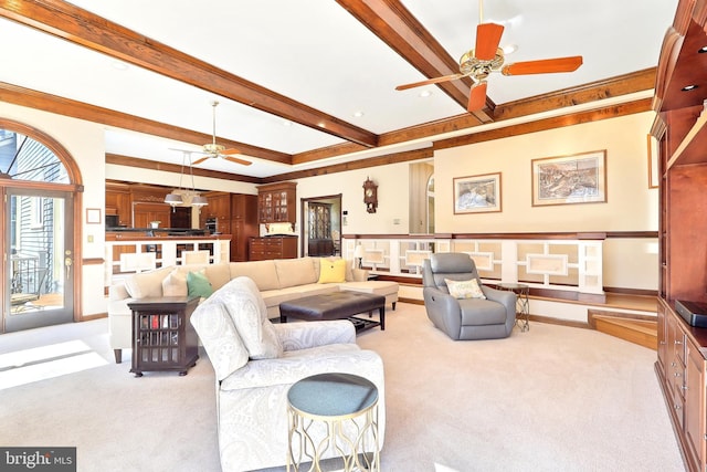 7951 Kelly Ann Ct, Fairfax Station, VA 22039 - living area featuring ceiling fan, carpet flooring, and beamed ceiling