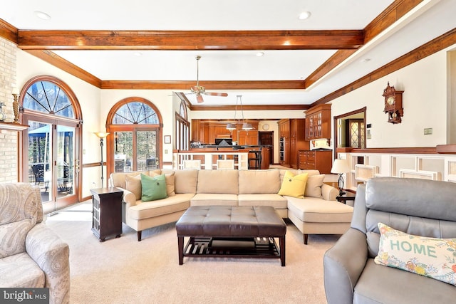 7951 Kelly Ann Ct, Fairfax Station, VA 22039 - living room featuring beam ceiling, ornamental molding, light carpet, and a ceiling fan