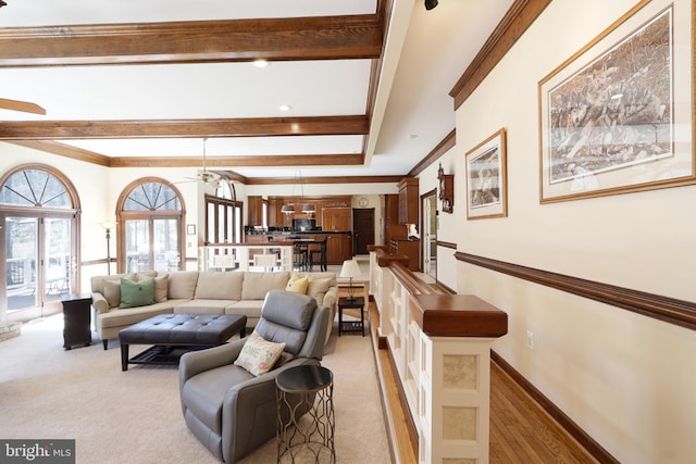 7951 Kelly Ann Ct, Fairfax Station, VA 22039 - carpeted living area with ceiling fan, beamed ceiling, ornamental molding, recessed lighting, and baseboards