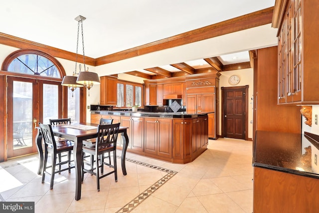 7951 Kelly Ann Ct, Fairfax Station, VA 22039 - dining area with french doors, beam ceiling, a chandelier, ornamental molding, and light tile patterned flooring