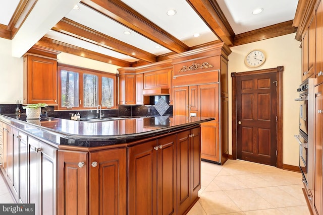 7951 Kelly Ann Ct, Fairfax Station, VA 22039 - kitchen featuring beam ceiling, tasteful backsplash, a peninsula, light tile patterned floors, and crown molding