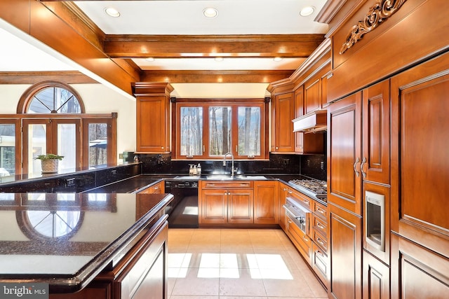 7951 Kelly Ann Ct, Fairfax Station, VA 22039 - kitchen featuring dishwasher, beam ceiling, light tile patterned flooring, backsplash, and a sink