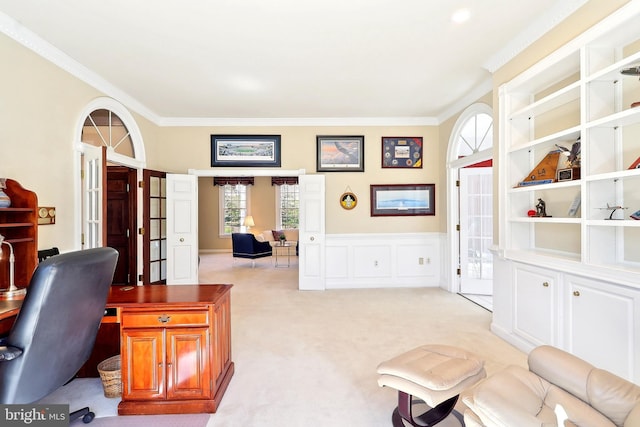 7951 Kelly Ann Ct, Fairfax Station, VA 22039 - office space with ornamental molding, light carpet, french doors, and a wainscoted wall