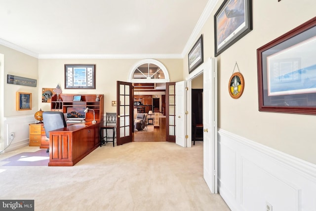 7951 Kelly Ann Ct, Fairfax Station, VA 22039 - office space featuring crown molding, french doors, wainscoting, light colored carpet, and a decorative wall