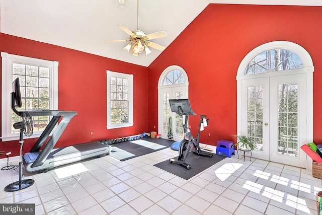 7951 Kelly Ann Ct, Fairfax Station, VA 22039 - workout area featuring french doors, high vaulted ceiling, and ceiling fan