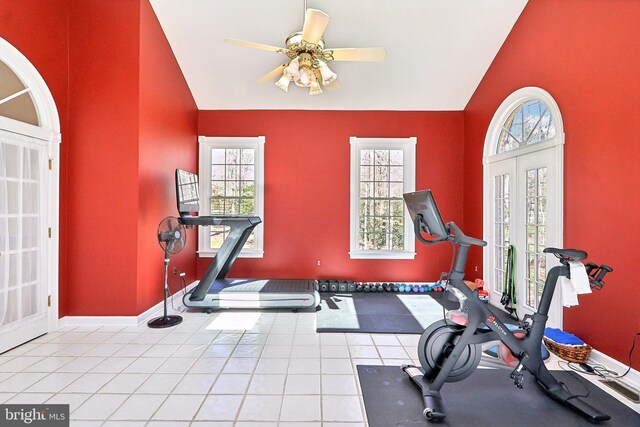 7951 Kelly Ann Ct, Fairfax Station, VA 22039 - exercise room with plenty of natural light, a ceiling fan, high vaulted ceiling, tile patterned flooring, and baseboards