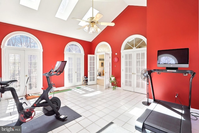 7951 Kelly Ann Ct, Fairfax Station, VA 22039 - exercise room featuring french doors, high vaulted ceiling, a skylight, and a ceiling fan