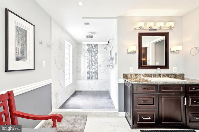 7951 Kelly Ann Ct, Fairfax Station, VA 22039 - full bath featuring marble look tiles, a marble finish shower, vanity, recessed lighting, and baseboards